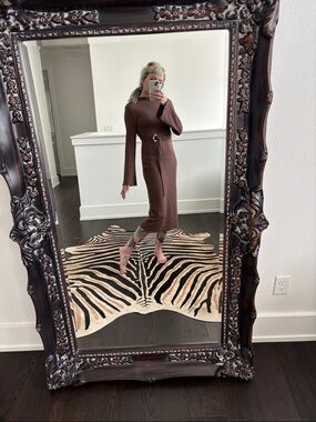 Brown Ribbed Knit Midi Dress with Side Ring Detail